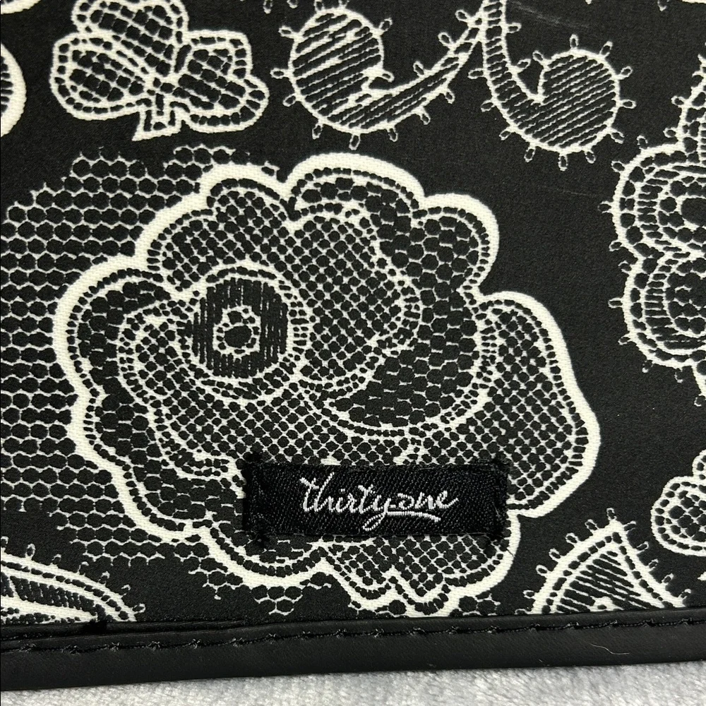 Thirty-One Tri-Fold & Go Organizer Black With White Lace Roses And Flowers NWOT